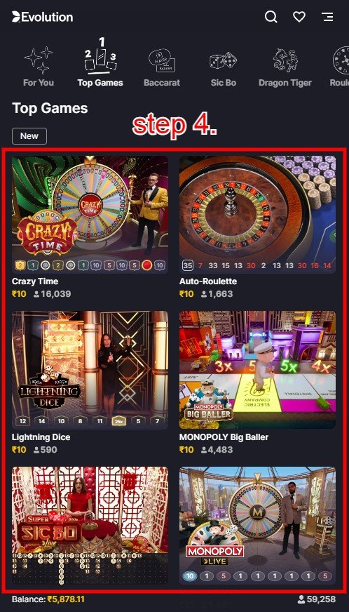 How To Play Online Live Casino Games in 4RABET: Step 4.